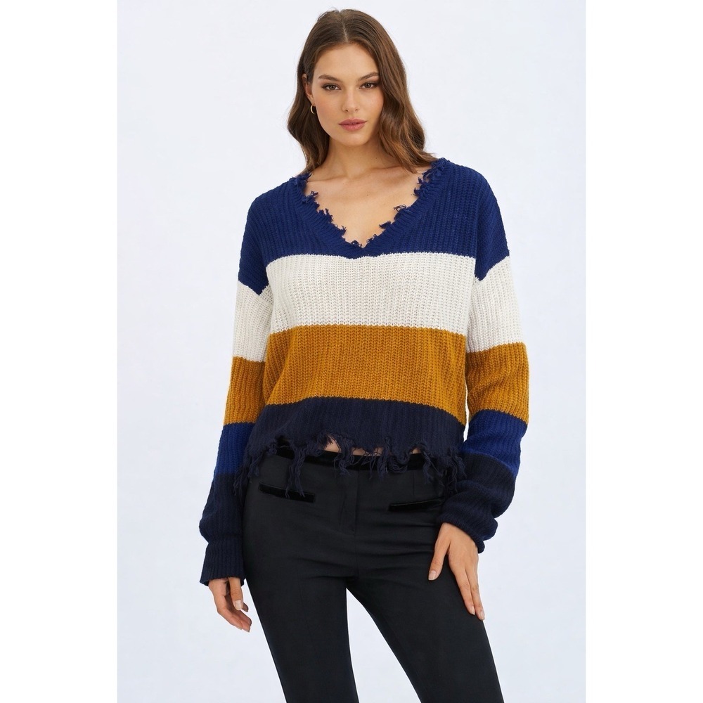 Full Circle Trends M Womens Multi Striped Fringed Distressed Sweater Loose Fit